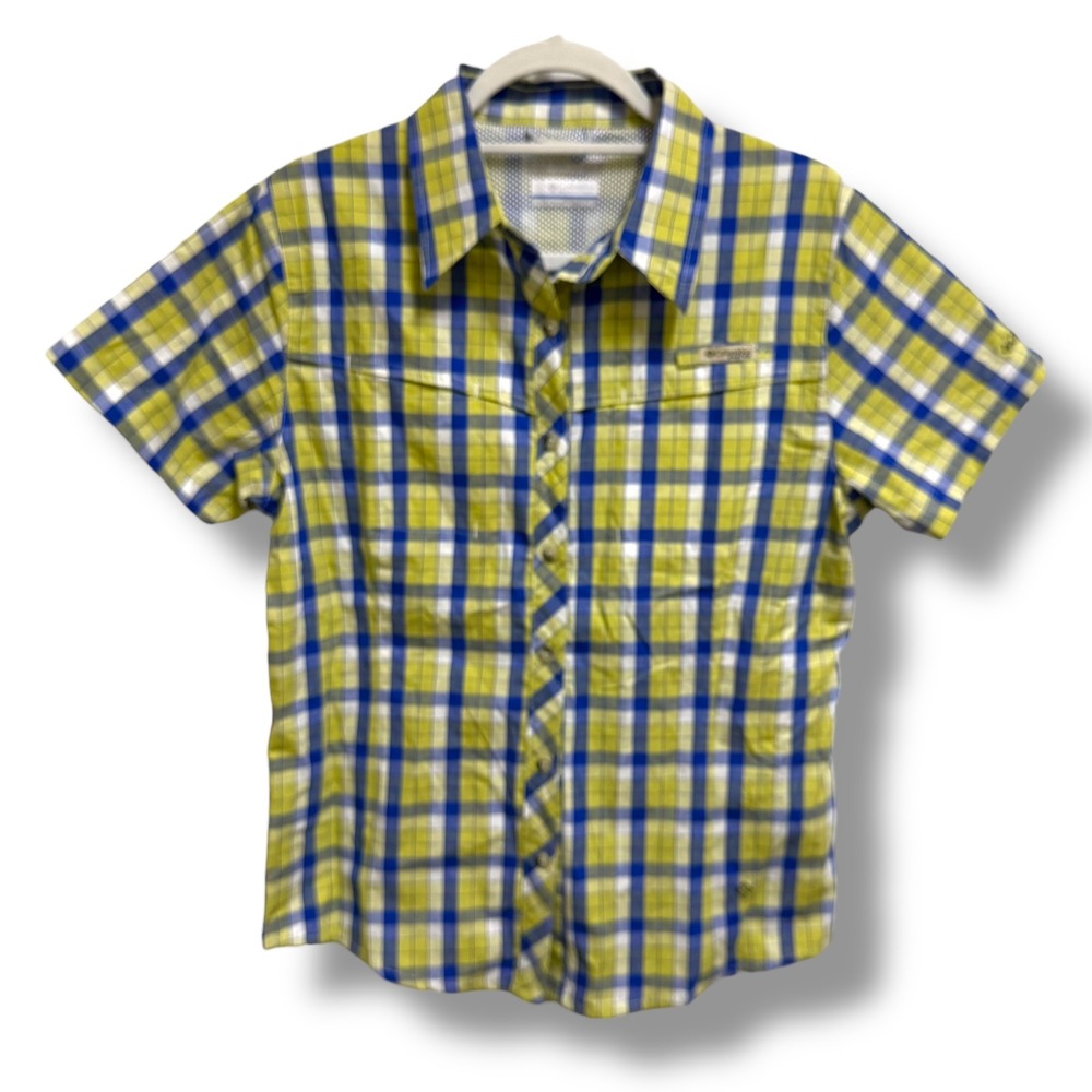 Columbia PFG Womens Plaid Short Sleeve Shirt Yellow Blue UPF 30 Large NEW